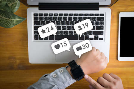 Contact us  sms media man use  smart phone social media network pop notification iconsの写真素材