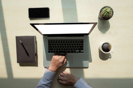 Overhead View top view man Working Desk Concept