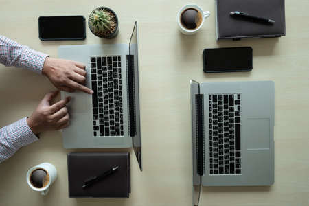 Overhead View top view man Working Desk Conceptの写真素材