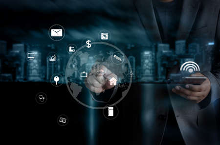 internet iot man  use smartphone internet of things technology (IoT) word diagram as concept
