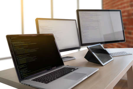 Programmer working Developing programming technologies Web Design Online Technology