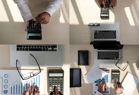 Close up businessman using calculator on documents Unrecognizable finance  use calculate about cost...