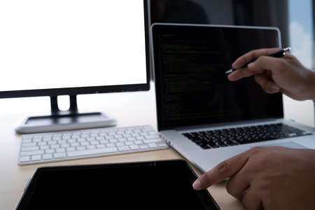 Laptop with blank screen on table. Workspace background new project on laptop computer with blank copy space screen for your advertising text messageの写真素材