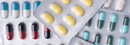 medicine  pills on blue background Copy space for text Assorted pharmaceutical Healthy Eating, Lifestyleの写真素材