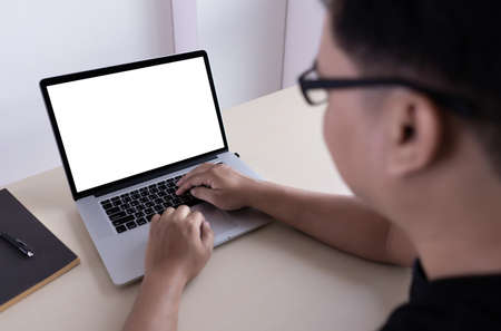 Laptop with blank screen on table. Workspace background new project on laptop computer with blank...