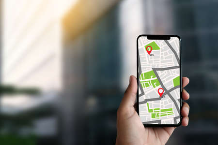 GPS Map to Route Destination network connection Location Street Map with GPS Icons Navigationの写真素材
