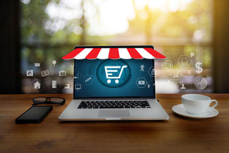 Business people use Technology E-commerce Internet Global Marketing Purchasing Plan and Bank Concept...