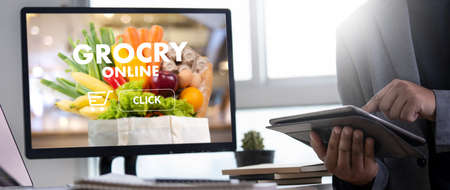 shopping groceries on online supermarket for food grocery shopの写真素材