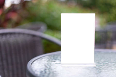 Stand Mock up Menu frame tent card blurred background design key visual layout.の写真素材