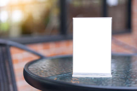 Stand Mock up Menu frame tent card blurred background design key visual layout.の写真素材
