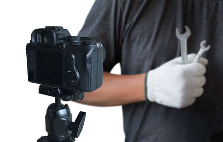 vlogger using  laptop  sharing her content making recording video for her vlog trendsの写真素材