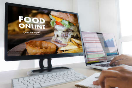 Close up woman ordering food online  by internet  Concept order food
