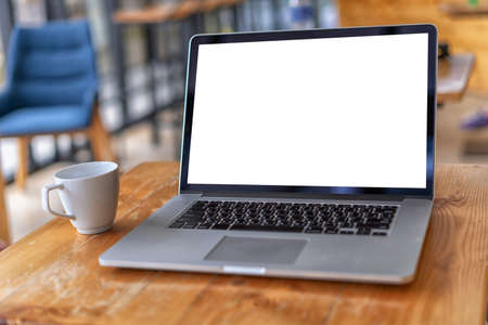 mock up Using laptop with blank screen computer modernの写真素材