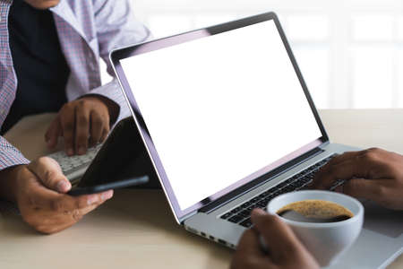 Laptop with blank screen on table. Workspace background new project on laptop computer with blank...