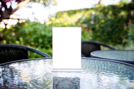 Stand Mock up Menu frame tent card blurred background design key visual layout.の写真素材