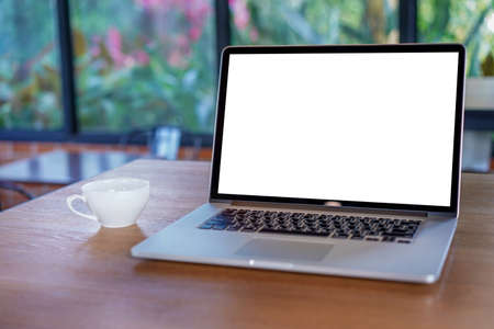 blank white screen workspace, Laptop computer advertising text messageの写真素材
