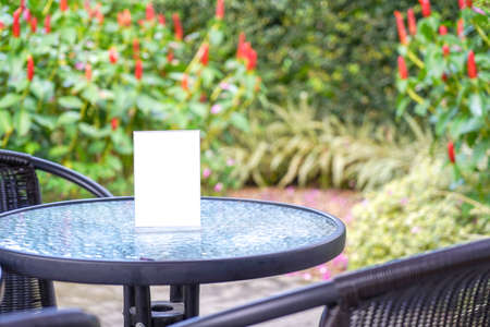 Stand Mock up Menu frame tent card blurred background design key visual layoutの写真素材