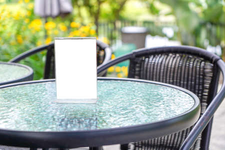 Stand Mock up Menu frame tent card blurred background design key visual layoutの写真素材