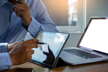 mock up Using laptop with blank screen computer modernの写真素材