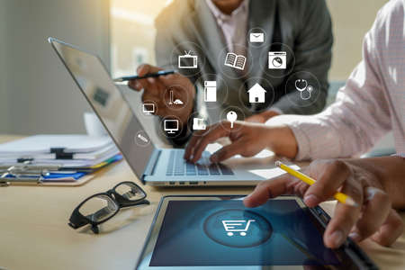 Business people use Technology E-commerce Internet Global Marketing Purchasing Plan and Bank Conceptの写真素材