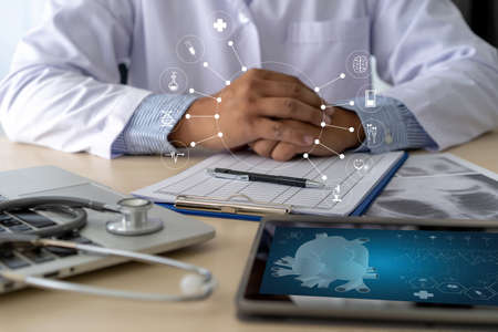 Health care writing prescription Doctor working modern virtual screen interface network
