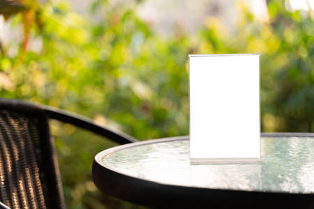 Stand Mock up Menu frame tent card blurred background design key visual layout.