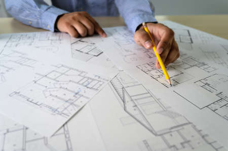 Architects working laptop  interior Architect workplace Construction concept tools
