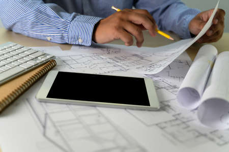Architects working laptop  interior Architect workplace Construction concept tools