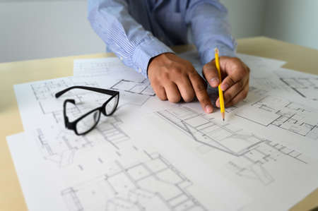 Architects working laptop  interior Architect workplace Construction concept tools