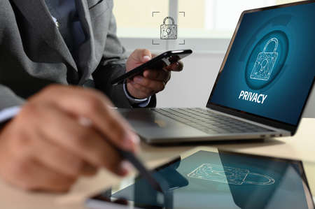 CYBER SECURITY Business, technology, internet and networking concept. Young businessman working on...