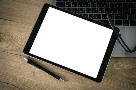 man working on his laptop with blank copy space Laptop with blank screen Mock up Blank screen...