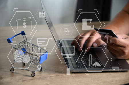 Business people use Technology E-commerce Internet Global Marketing Purchasing Plan and Bank...