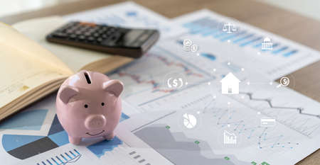 businessman working using a calculator finance accounting concept achievement to balance man...