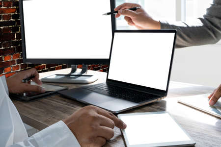 business man working blogger creativity on his laptop with blank copy space Laptop with blank screen Mock up Blank screen computer phone communication computerの写真素材