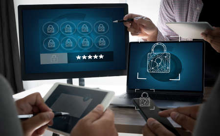 CYBER SECURITY Business, technology, internet and networking concept. Young businessman working on...