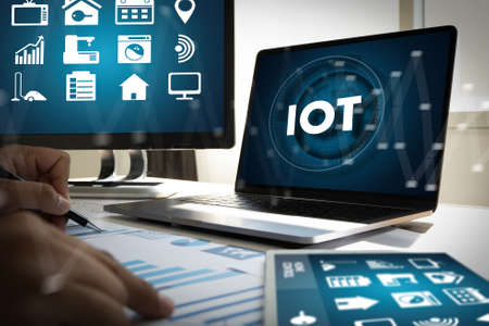 Smart home connection Smart home tech device IoT House automation  interiors, living room, kitchen, bedroom and bathroomの写真素材