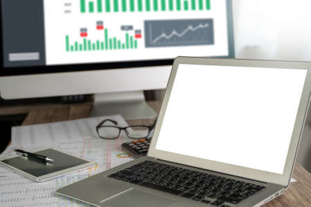 Workspace background new project on laptop computer with blank copy space screen for your advertising text message Laptop with blank screen on table.の写真素材