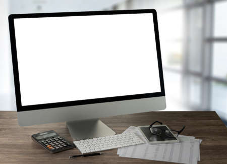 man of business man hand working on laptop computer on wooden desk Laptop with blank screen on...