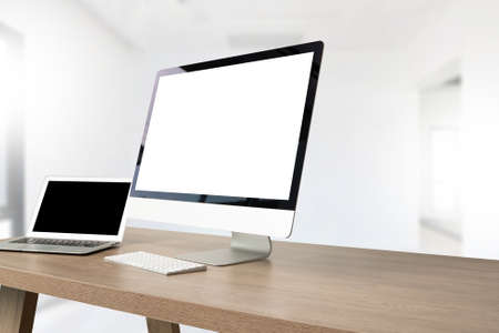young man working Businessman using a desktop computer of the blank screen