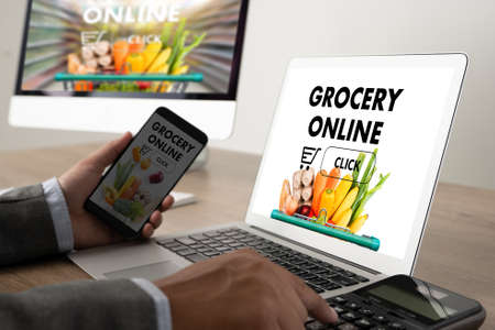 shopping groceries on online supermarket for food grocery shopの写真素材