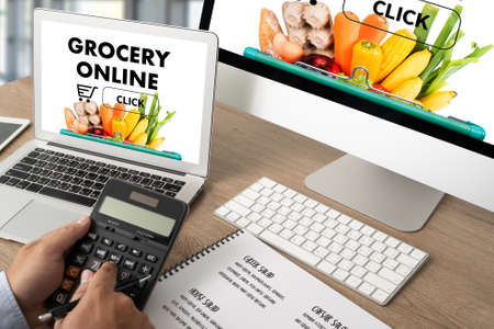 shopping groceries on online supermarket for food grocery shopの写真素材