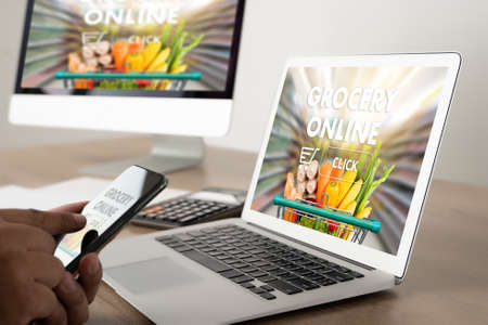 shopping groceries on online supermarket for food grocery shopの写真素材