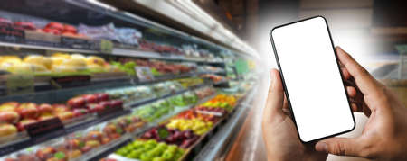 Grocery shopping at upermarket mall grocery store vegetable healthy food smart phone online supermarketの写真素材