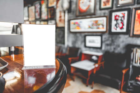 Stand Mock up Menu frame tent card blurred background design key visual layout.の写真素材