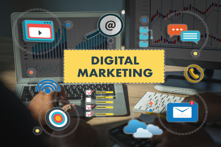 DIGITAL MARKETING new startup project work analysing and advertisement two man brainstorming to seo brand Teamwork market Digital marketing mediaの写真素材