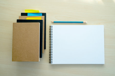 Blank plain notebook top view blank Design concept background for mockup book  page with stationary...