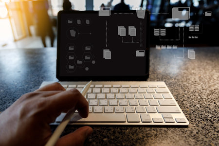 Businessman manage files documentation working modern computer Document Management System  transfer...