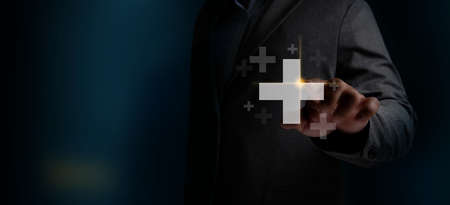 man using smart phone,Social Distancing Social media and Marketing virtual icons screen man watching...