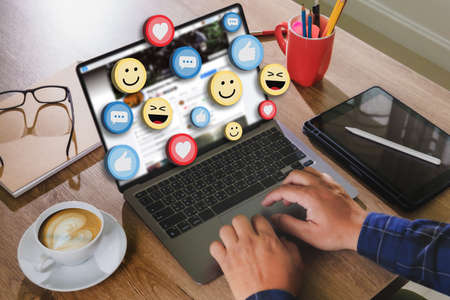 man using smart phone,Social Distancing Social media and Marketing virtual icons screen man watching...