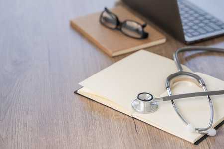 Medical  healthcare  network on Computing electronic medical record. Doctor working an Laptop with...